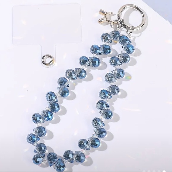 💙Sparkly Bling Blue/Gray Crystal Glass Bead Wristlet Keychain Phone or Bag Chain - Picture 1 of 12